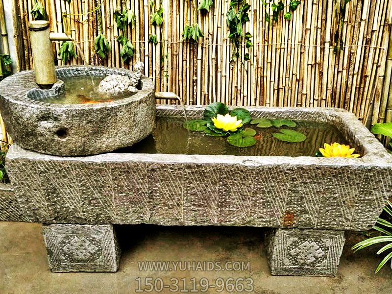 仿古石槽養魚(yú)花盆流水老石槽園林舊石磨盤(pán)擺件雕塑