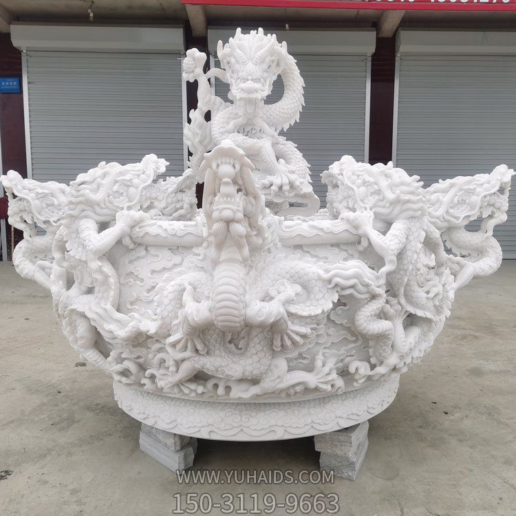 石雕花盆魚(yú)缸漢白玉浮雕龍雕圓形水缸園林景觀(guān)擺件雕塑
