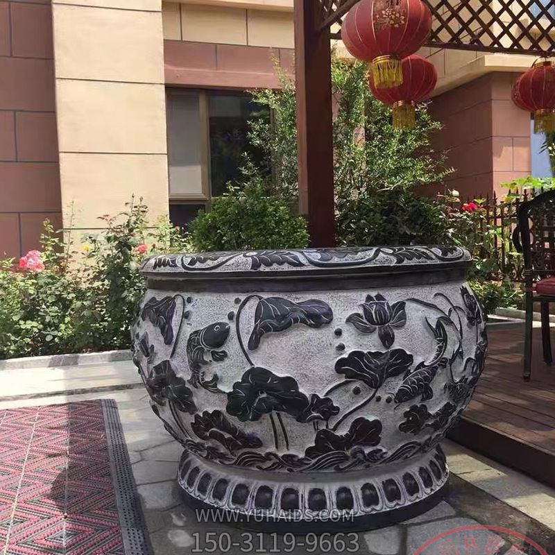 青石石雕庭院創(chuàng  )意浮雕荷花花盆雕塑