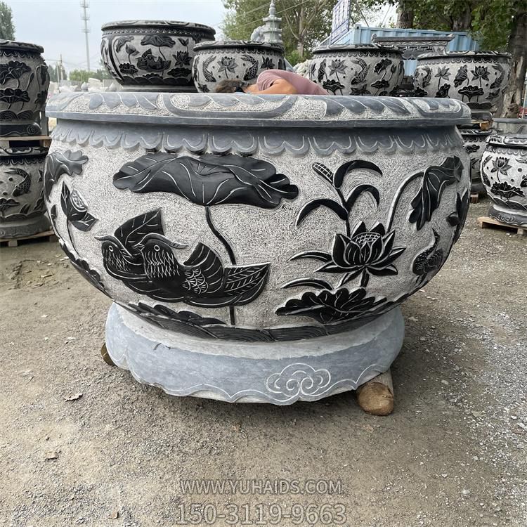 大理石花崗巖浮雕庭院養魚(yú)荷花圓形水缸雕塑