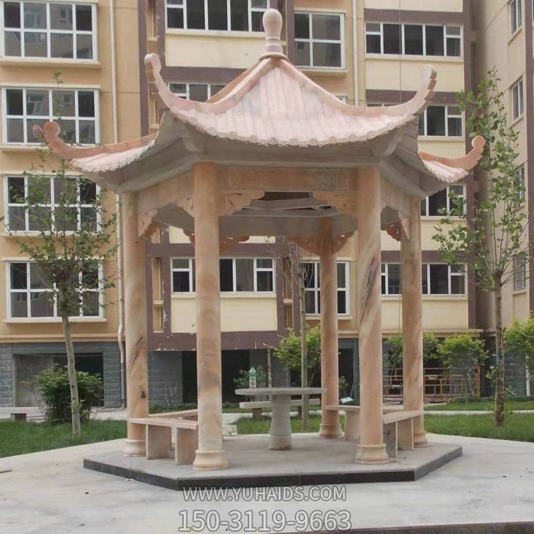 漢白玉中式六角單層雙層涼亭 景觀(guān)裝飾擺件亭子雕塑