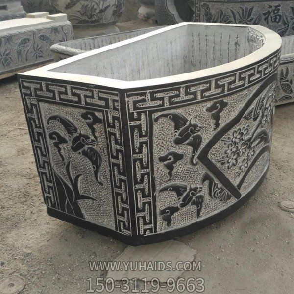 別墅園林擺放青石浮雕五福長(cháng)形養魚(yú)水缸雕塑