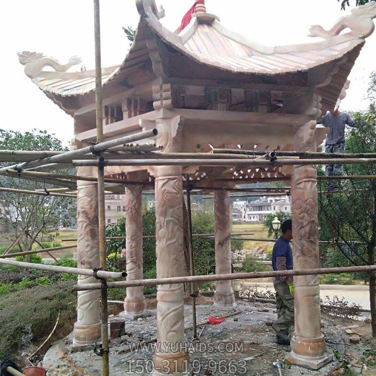 戶(hù)外庭院大型公園晚霞紅石雕浮雕六角涼亭擺件雕塑