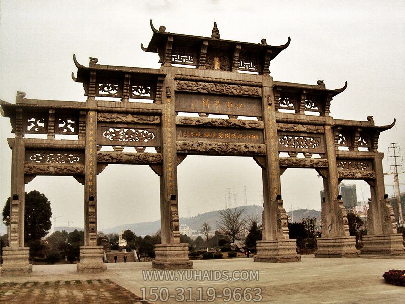 景區古建筑花崗巖五門(mén)樓牌坊石雕雕塑