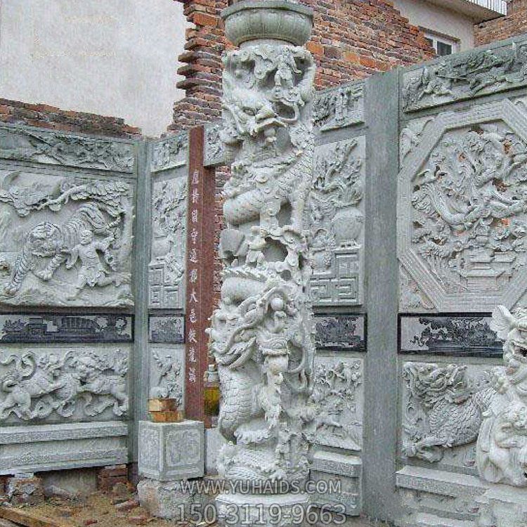 古建高浮雕壁畫(huà)，盤(pán)龍柱雕塑