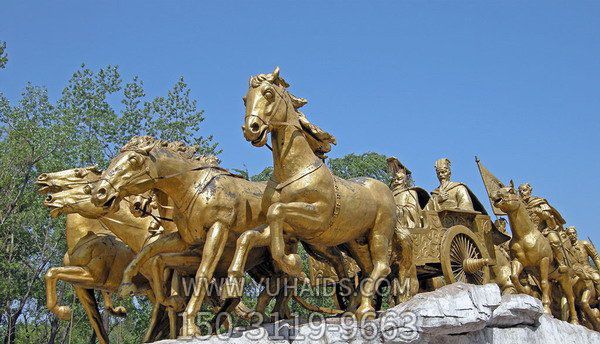 博物館廣場(chǎng)仿古漆金黃銅馬車(chē)雕塑
