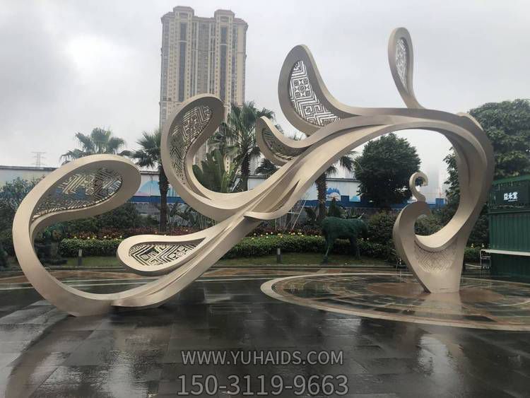 景區廣場(chǎng)藝術(shù)不銹鋼電鍍玫瑰金大型抽象鳳凰雕塑
