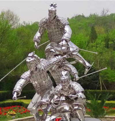 園林景區創(chuàng  )意古代不銹鋼滑雪人物主題雕塑