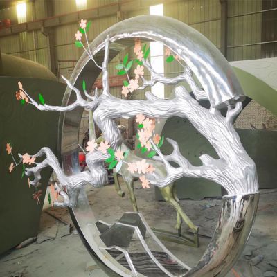 酒店會(huì )所水景不銹鋼創(chuàng  )意樹(shù)枝圓環(huán)雕塑
