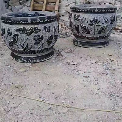 鯉魚(yú)，荷花，荷葉紋飾石雕水缸
