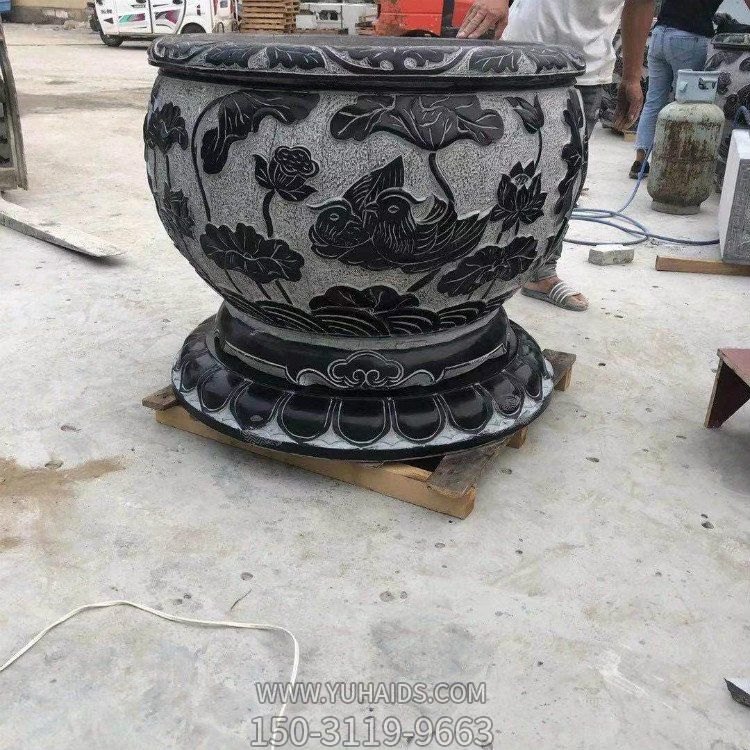 仿古圓形戶(hù)外荷花石雕魚(yú)缸 園林庭院裝飾 擺件雕塑