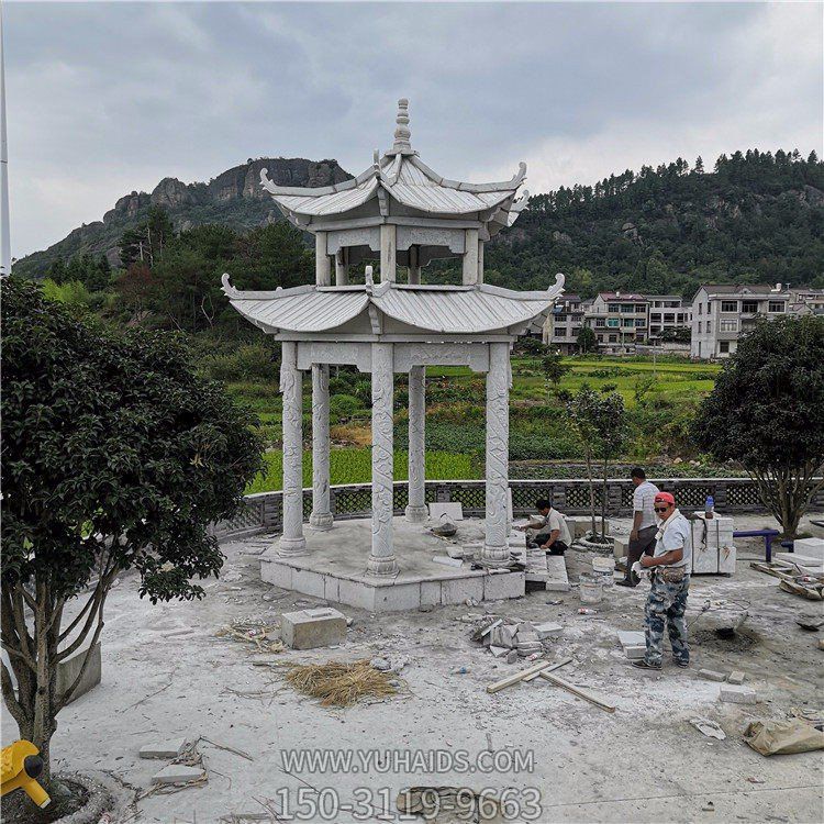 石雕涼亭，雙層六柱石亭子雕塑