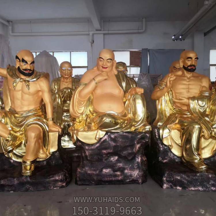 十八羅漢雕塑?chē)娊鹳N金鍍金玻璃鋼雕塑佛像人物