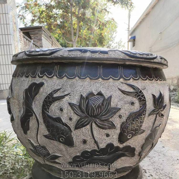 大型青石浮雕雙語(yǔ)蓮花魚(yú)缸雕塑