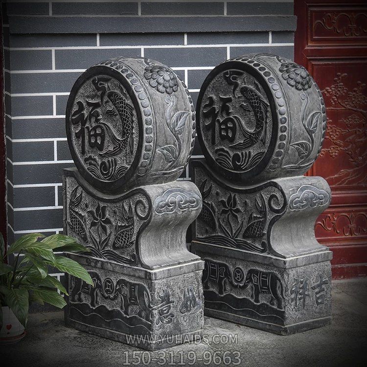 古建門(mén)口抱鼓石，黑色大理石雕刻雕塑