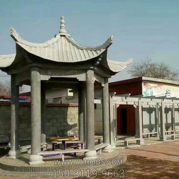 庭院擺放仿古建筑長(cháng)廊青石涼亭雕塑