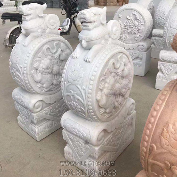 漢白玉浮雕獅子抱鼓石別墅門(mén)口擺件雕塑