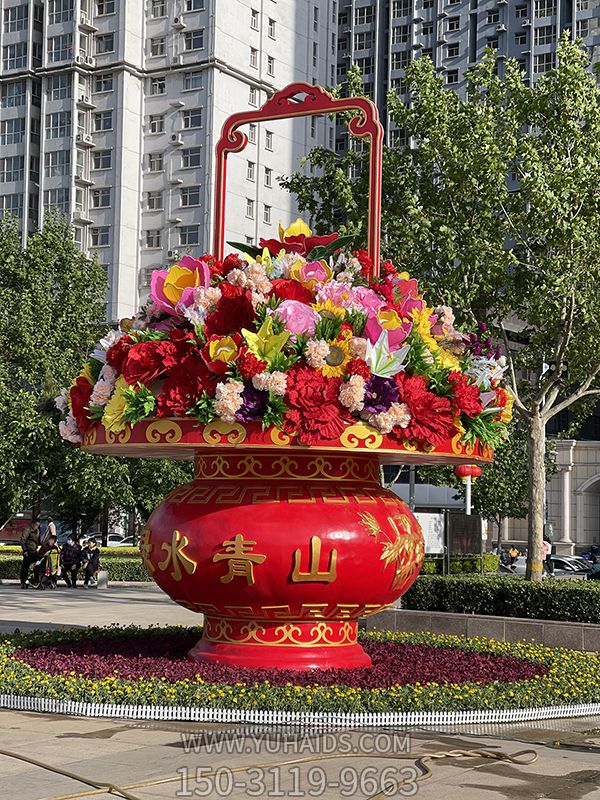 景區廣場(chǎng)大型景觀(guān)裝飾品玻璃鋼彩繪國慶大花籃雕塑