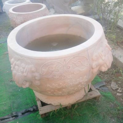 庭院擺放晚霞紅雕刻圓形仿古養魚(yú)水缸雕塑