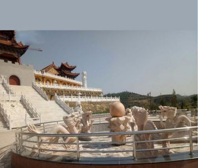景區廣場(chǎng)擺放晚霞紅龍戲球風(fēng)水球大型噴泉石雕