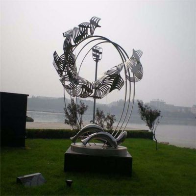 公園草地不銹鋼抽象圓環(huán)魚(yú)亮化現代景觀(guān)雕塑