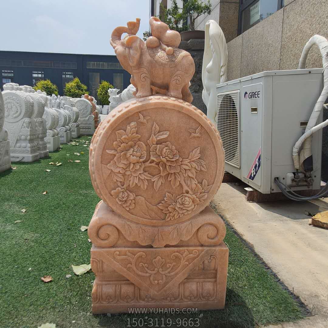 別墅戶(hù)外擺放一對晚霞紅抱鼓小象動(dòng)物擺件雕塑