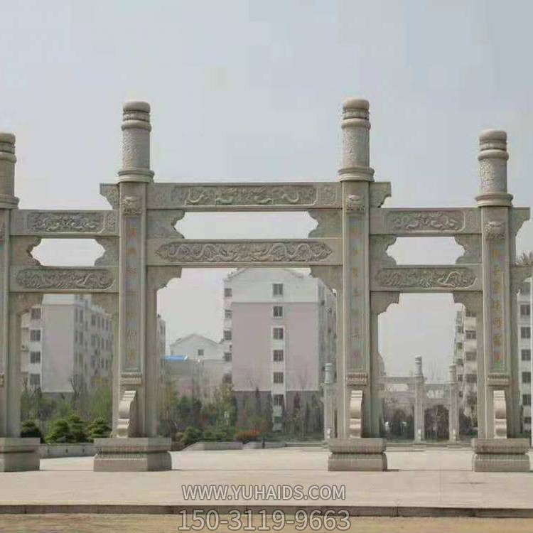 大型大理石石雕戶(hù)外園林景觀(guān)創(chuàng  )意三門(mén)牌坊雕塑
