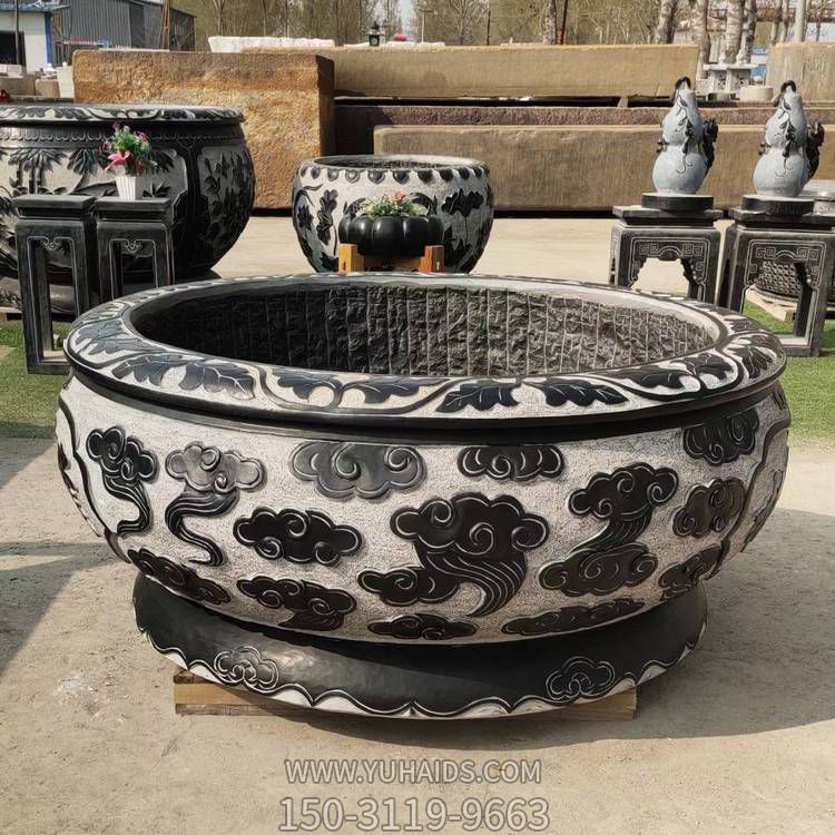 大理石雕刻祥云圓缸庭院做舊養魚(yú)花盆雕塑