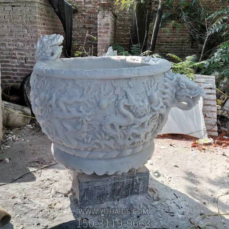 漢白玉浮雕龍頭養魚(yú)水缸別墅園林景觀(guān)雕塑