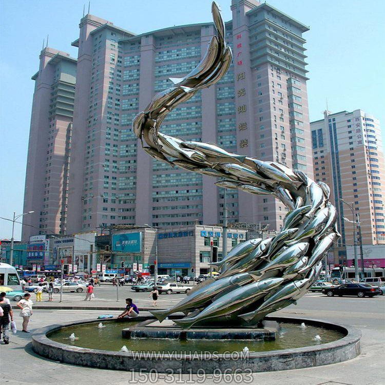 大型廣場(chǎng)水池擺放魚(yú)群螺旋游水景觀(guān)雕塑