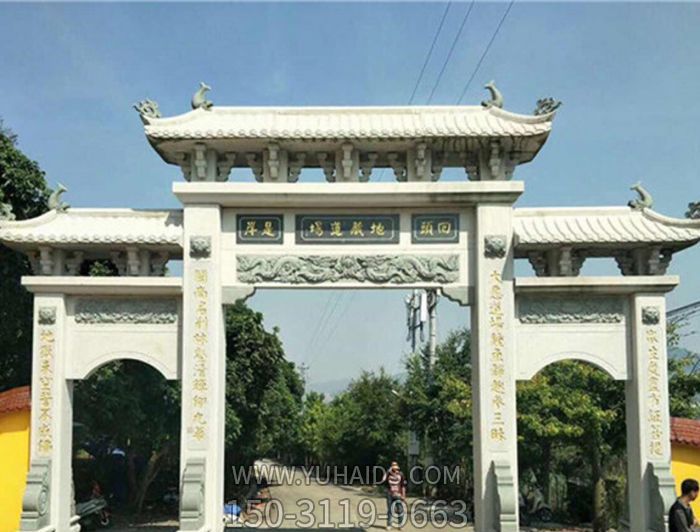 佛教寺院景區新款大理石三門(mén)石牌樓雕塑