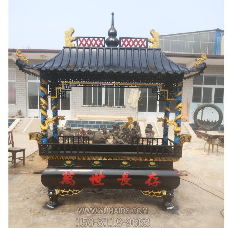 景區祠堂戶(hù)外長(cháng)形寶蓋四龍柱純銅香爐雕塑