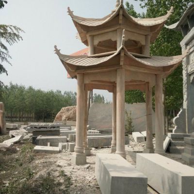 雙層戶(hù)外園林景觀(guān)晚霞紅石雕涼亭擺件