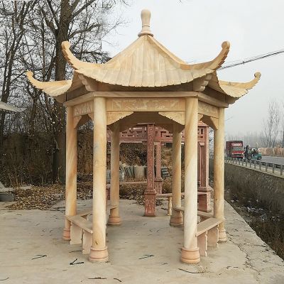 景區廣場(chǎng)擺放晚霞紅六角仿古休息涼亭