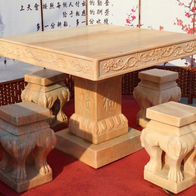 庭院陽(yáng)臺擺放晚霞紅石雕方形石桌石凳