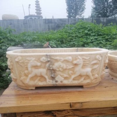 仿古魚(yú)缸長(cháng)方形老石槽花盆漢白玉晚霞紅擺件