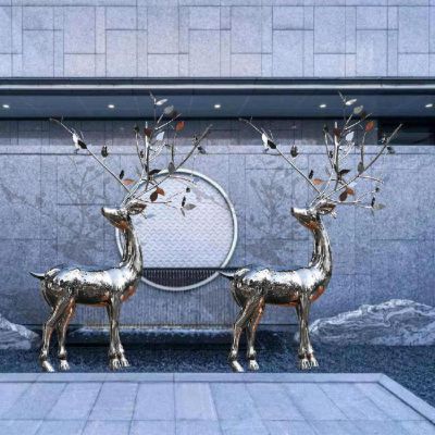 酒店會(huì )所不銹鋼鏡面抽象梅花鹿雕塑