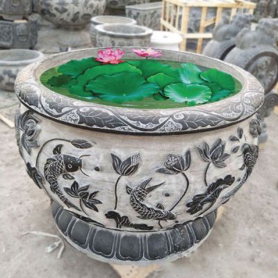 園林擺放天然石材雕刻蓮花魚(yú)缸花盆