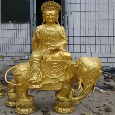 黃銅噴漆佛像景觀(guān)，文殊普賢騎大象雕塑