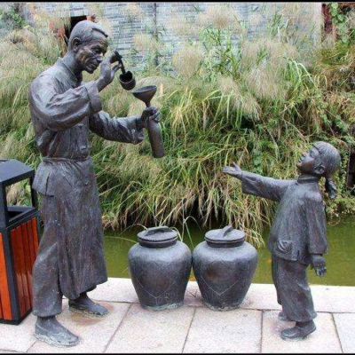 打酒，鑄銅民俗生活情景人物雕塑