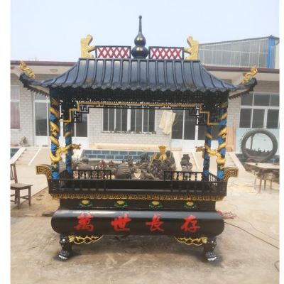 景區祠堂戶(hù)外長(cháng)形寶蓋四龍柱純銅香爐