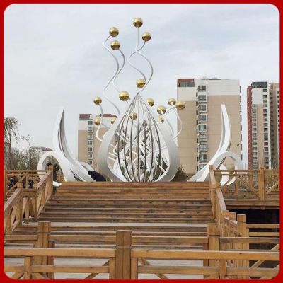 小區花園擺放大型不銹鋼荷花景觀(guān)雕塑