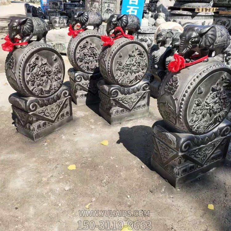 黑色大象抱鼓石，大理石門(mén)墩雕塑