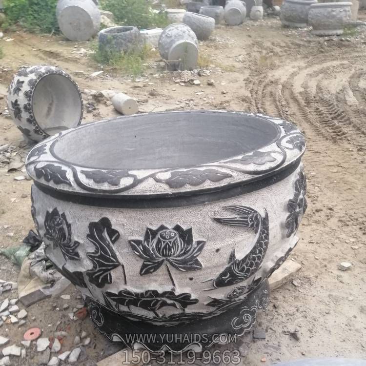 石雕青石花盆魚(yú)缸雕塑半圓形石盆水槽景觀(guān)雕塑