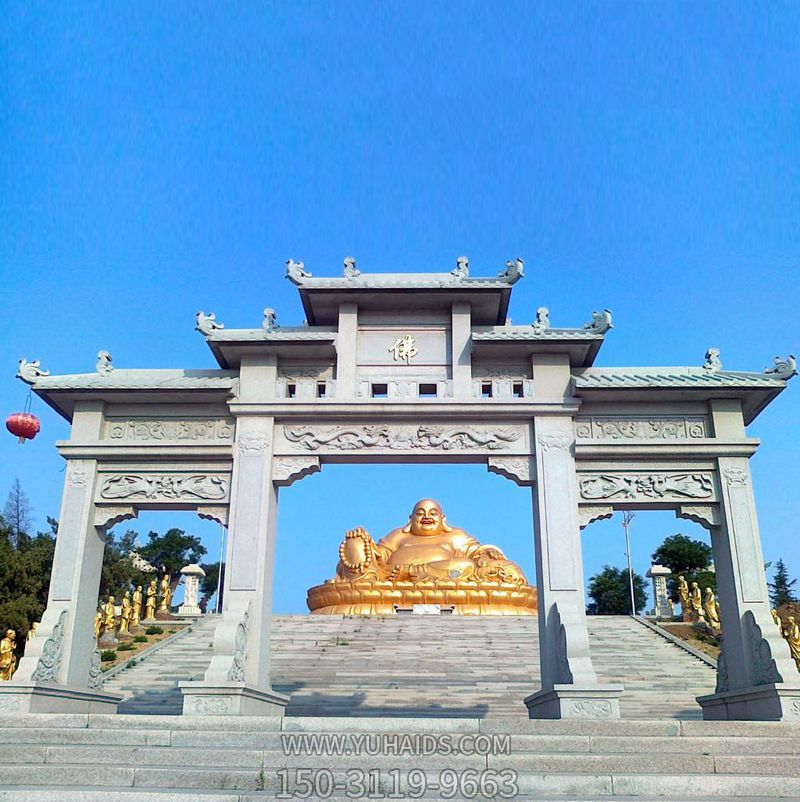 佛教寺廟景觀(guān)擺放新中式三門(mén)石雕牌坊雕塑
