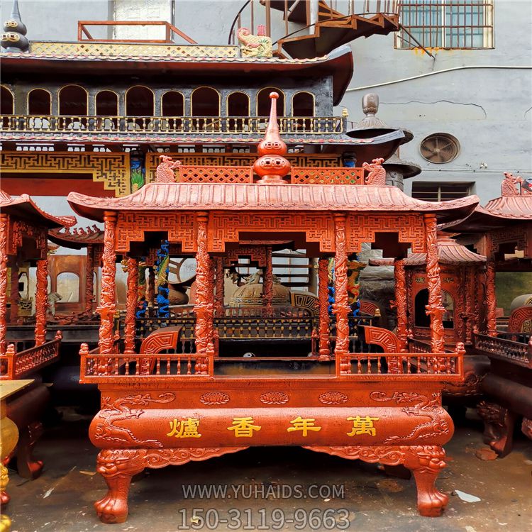 寺院鑄銅浮雕龍柱長(cháng)形香爐擺件雕塑