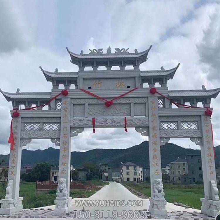 青石仿古建筑大型三門(mén)石雕牌坊園林擺件雕塑