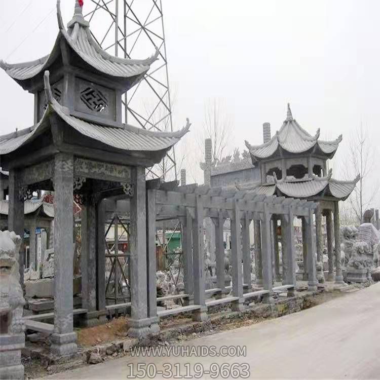 青石雕刻仿古建筑二層頂中式?jīng)鐾らL(cháng)廊花架公園小區擺件雕塑