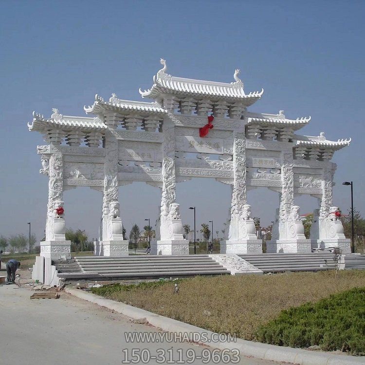 漢白玉優(yōu)質(zhì)天然石材浮雕龍紋五門(mén)牌坊石雕雕塑