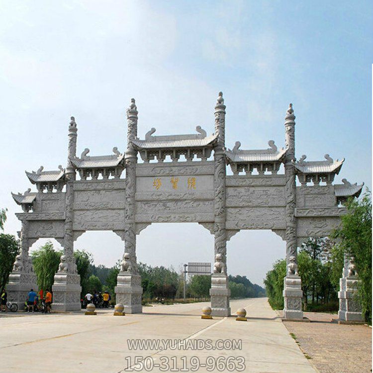 古城創(chuàng  )意多門(mén)大理石石雕牌坊雕塑